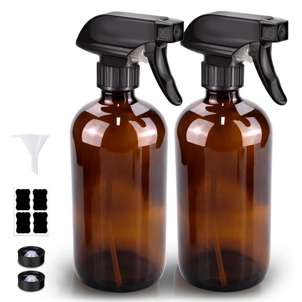 Bontip Glass Spray Bottle 16 oz for Cleaning, Plants (2 Pack, Amber) | Refillable amber spray bottle Set, BPA-free eco glass, With labels and funnel, Great for cleaners, plant misting, hair care
