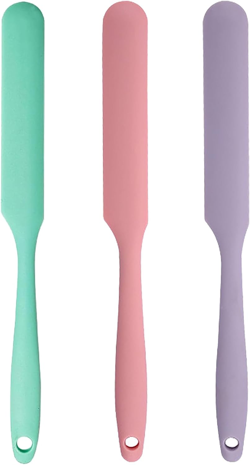 3Pcs Silicone Jar Spatula Long Handle Kitchen Spatulas for Mixing, Scraping, and Spreading,Ideal for Jars, Baking, Cake Icing, Cream, Butter, and Batter Kitchen Tool (Purple, Pink, Green)