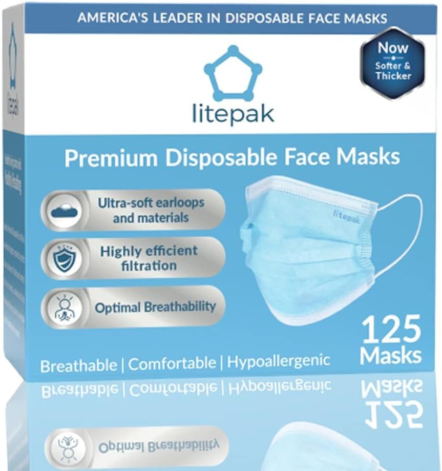 Litepak 125-Pack Premium Disposable Face Masks with Comfort Earloops Blue