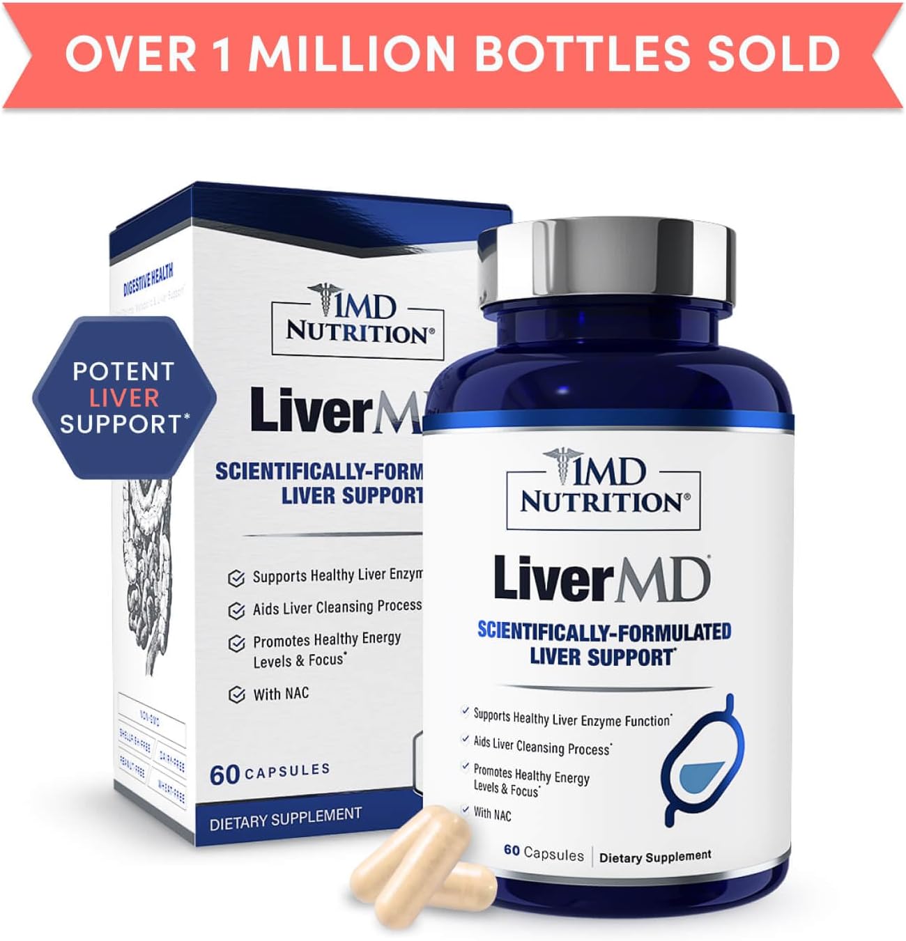 1MD Nutrition LiverMD - Liver Support Supplement | Siliphos Milk Thistle Extract & NAC - Supports Healthy Energy, Immunity & Overall Health - Liver Cleanse & Support | 60 Capsules