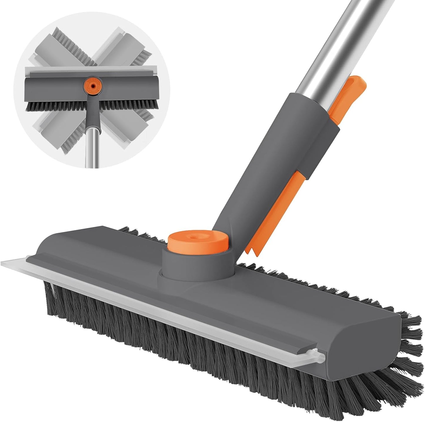 AIR U+ Floor Scrub Brush with Long Handle, 3-in-1 Rotating Head & Squeegee | Stiff Dual-Sided Bristles for Shower, Bathroom, Kitchen and Patio, 30–50 In Handle for Easier Stand-up Cleaning, Gray