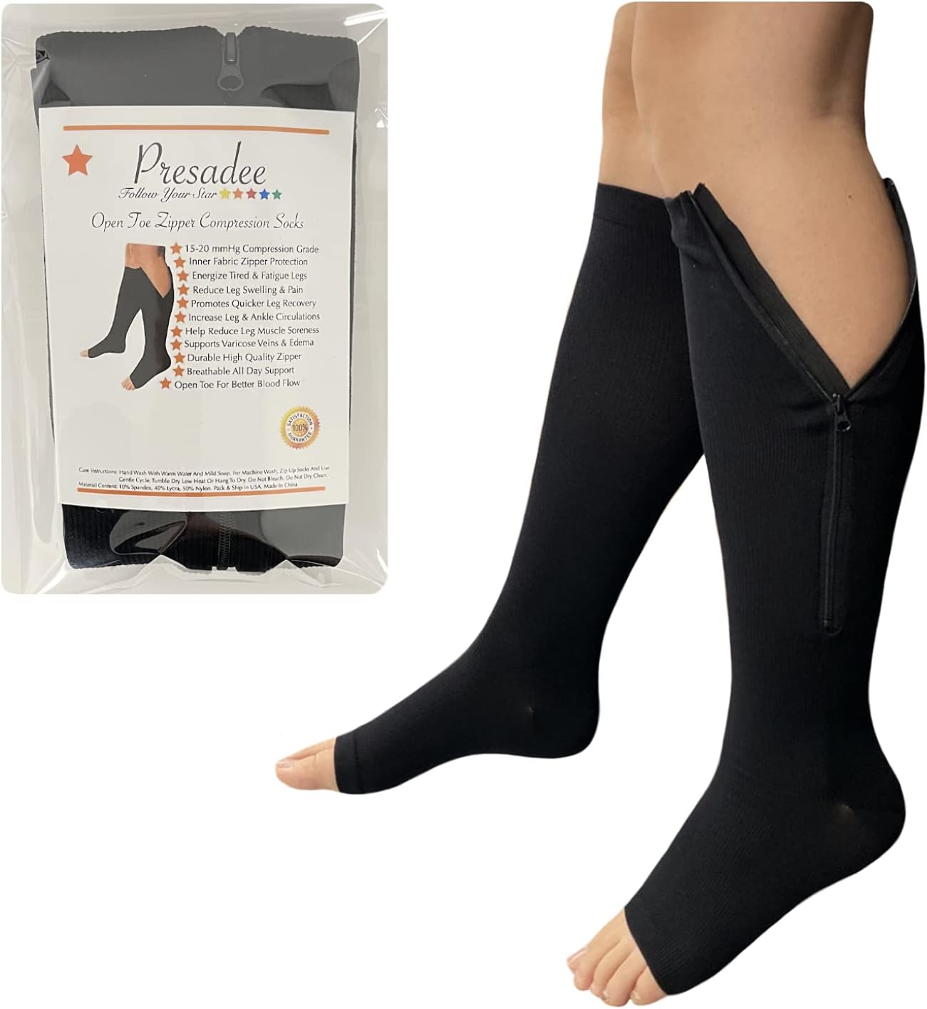 Presadee 15-20 mmHg Moderate Compression Open Toe Zipper Sock