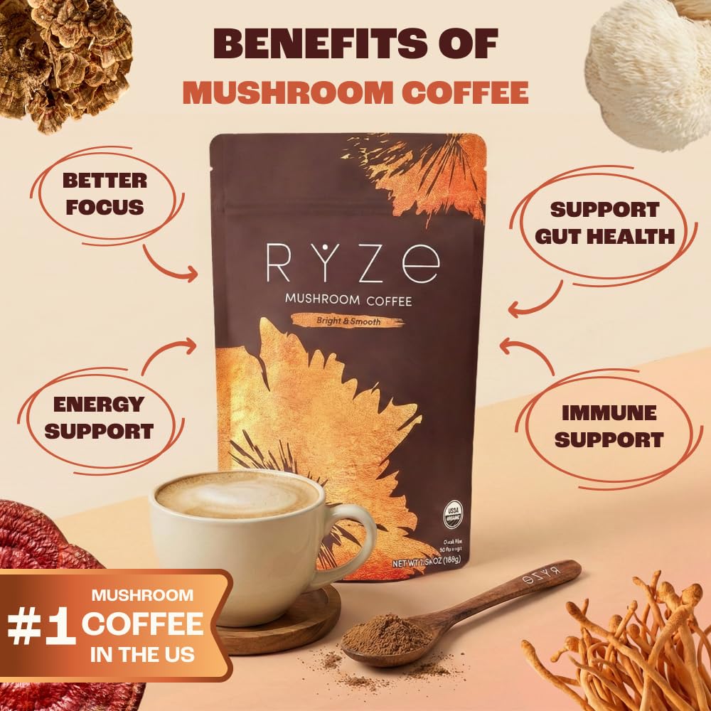 RYZE SUPERFOODS Mushroom Medium Roast Coffee USDA Organic with 6 Adaptogenic Mushrooms, USA Grown Instant Coffee for Better Energy, Focus Digestion Immunity with Lions Mane & Turkey Tail 30 Servings