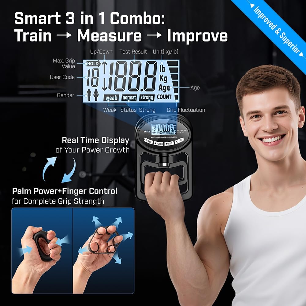 Hand Grip Strength Tester - Digital Grip Strengthener for Sports, Home, School