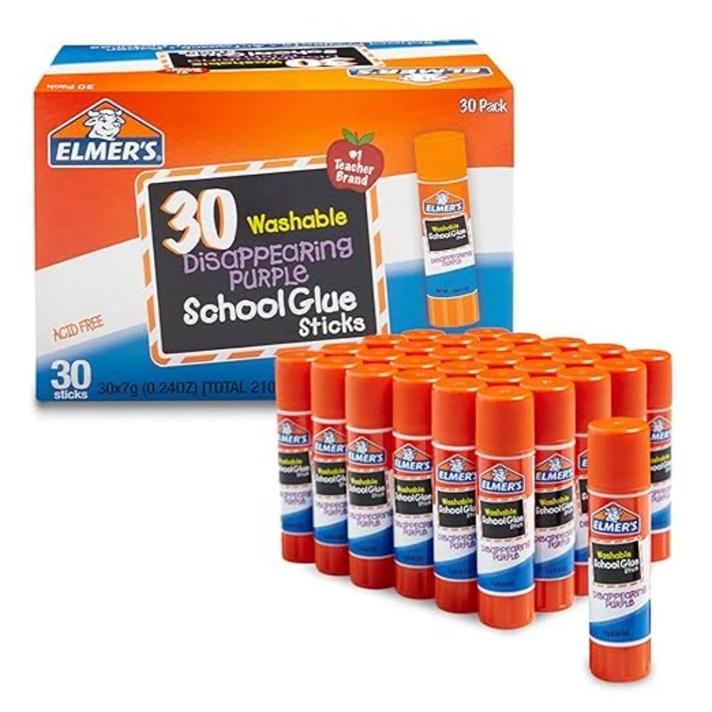 Elmer's Disappearing Purple School Glue Sticks, Washable, 7 Grams, 30 Count - Poster, Vision Board, Back to School, Bulk Pack for Classrooms, #1 Teacher Brand