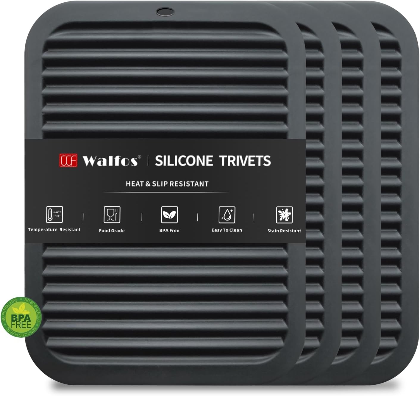 Walfos Silicone Trivet Mats - 4 Heat Resistant Pot Holders, Multipurpose Non-Slip Hot Pads for Kitchen Potholders, Hot Dishers, Jar Opener, Spoon Holder, Food Grade Silicone & BPA Free (Black)