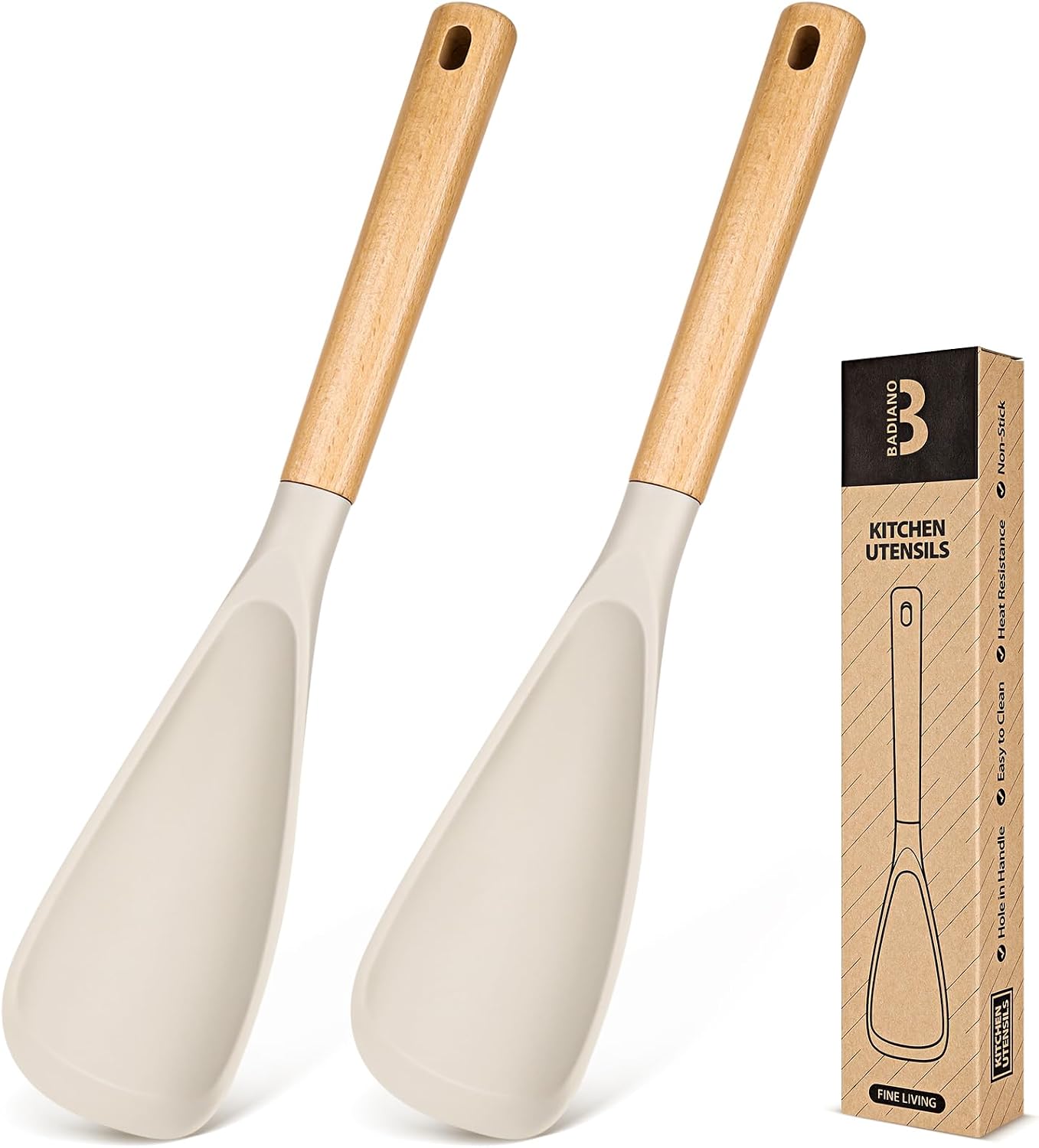 Cooking Spoon for Nonstick Cookwares, Great for Cooking and Serving Sturdy BPA-Free Matte Silicone, Wood Handle Spoon for Mixing, Scoop, and Scrape (Black & Grey, 11.4 inch)