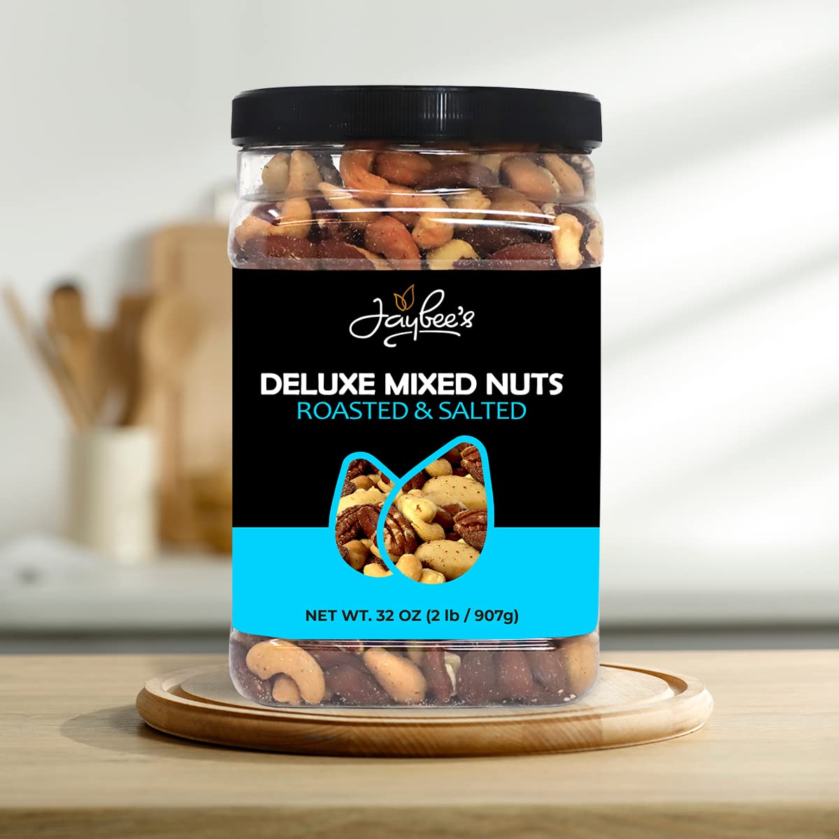 Mixed Nuts Deluxe - Roasted & Salted Variety Snack Mix with Cashews, Almonds, Brazil Nuts, Pecans, Hazelnuts in 32 oz Reusable Container