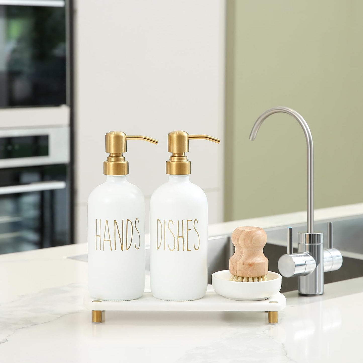 MOMEEMO Gold Soap Dispenser Set Comes with Stainless Steel Pumps | Instant Dry Tray and Dish Scrub Brush, Suitable for Kitchen Decor and Accessories