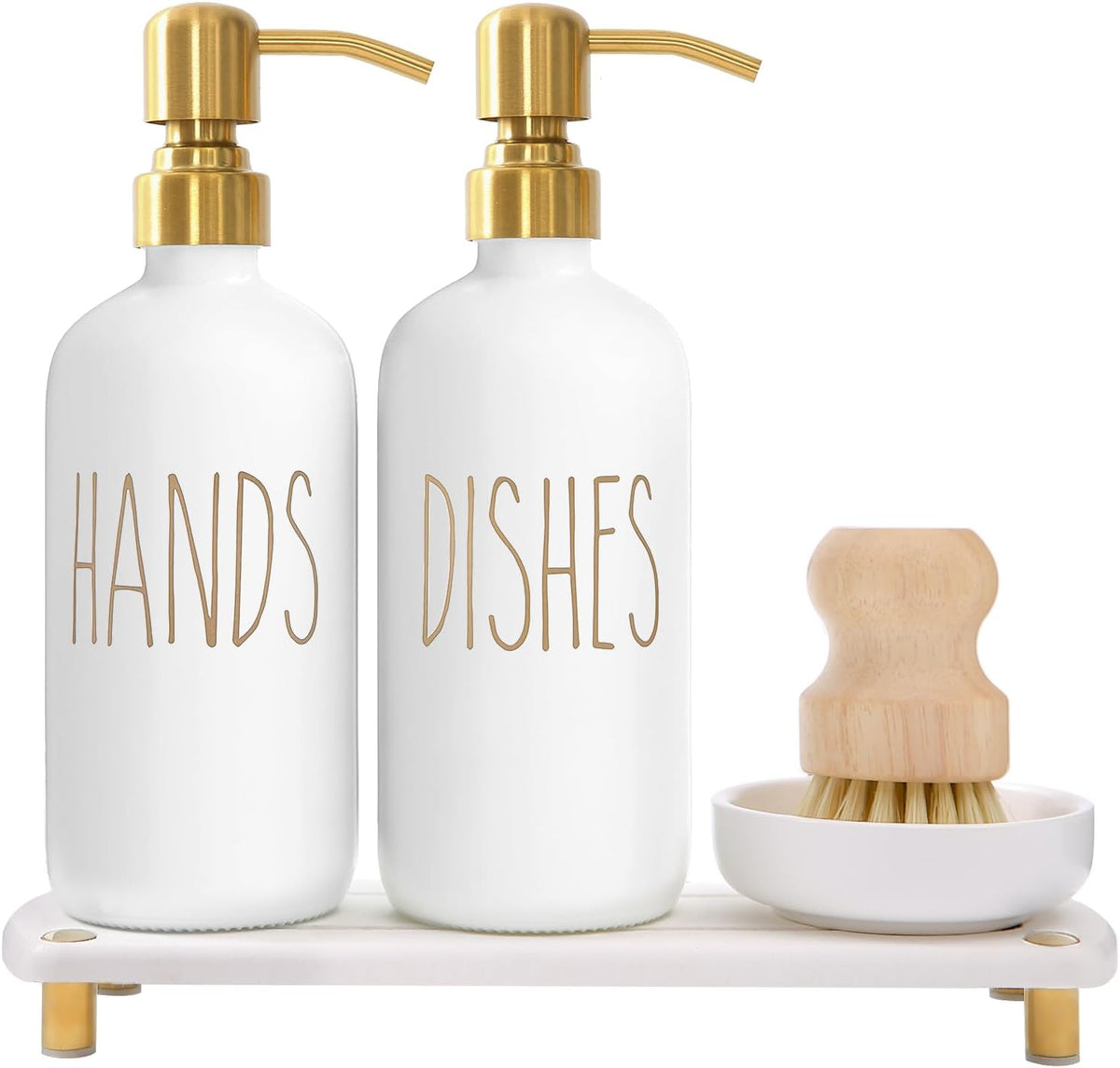 MOMEEMO Gold Soap Dispenser Set Comes with Stainless Steel Pumps | Instant Dry Tray and Dish Scrub Brush, Suitable for Kitchen Decor and Accessories