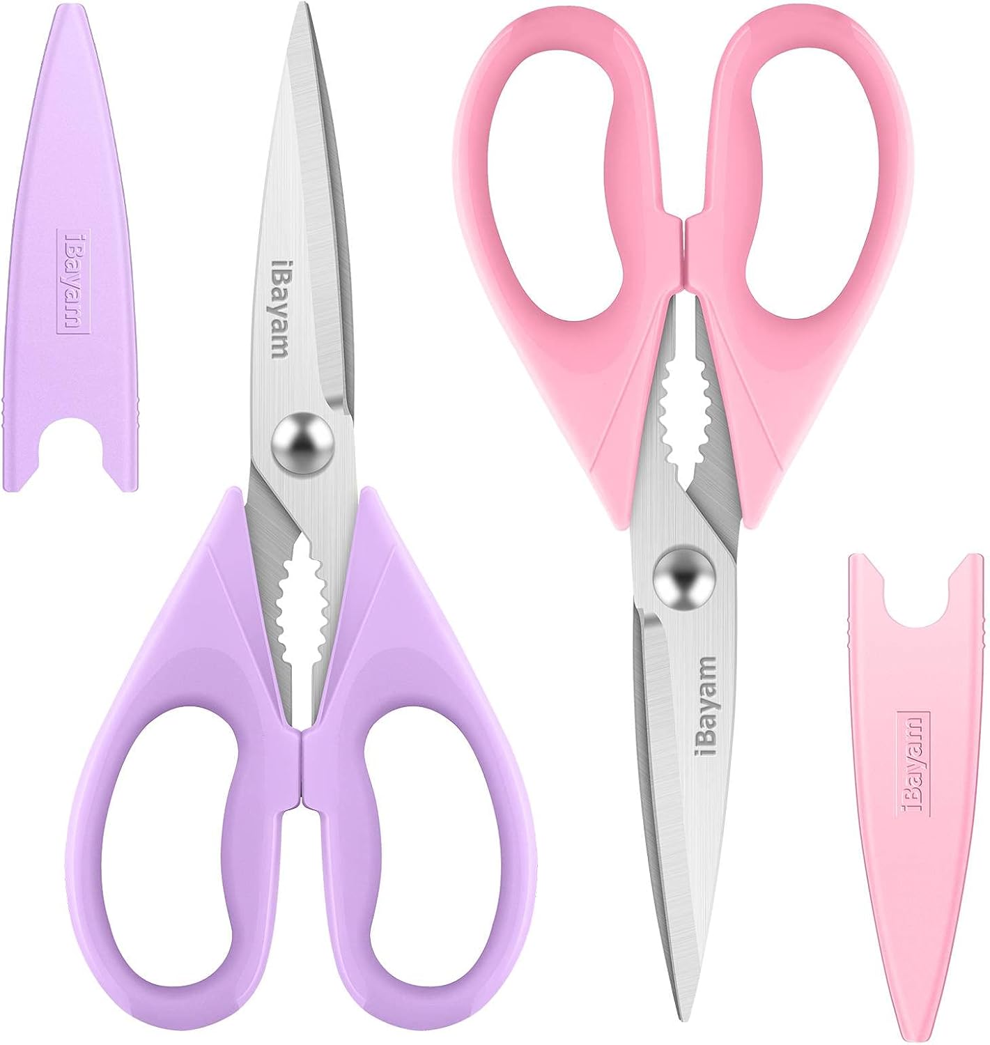 iBayam Kitchen Scissors Shears All Purpose Heavy Duty, Protective Sheath | 2-Pack, Ultra-Sharp Stainless Blades, Soft Comfort-Grip, Dishwasher Safe, Cutting Food Cooking Meat Poultry Kitchen Utensils