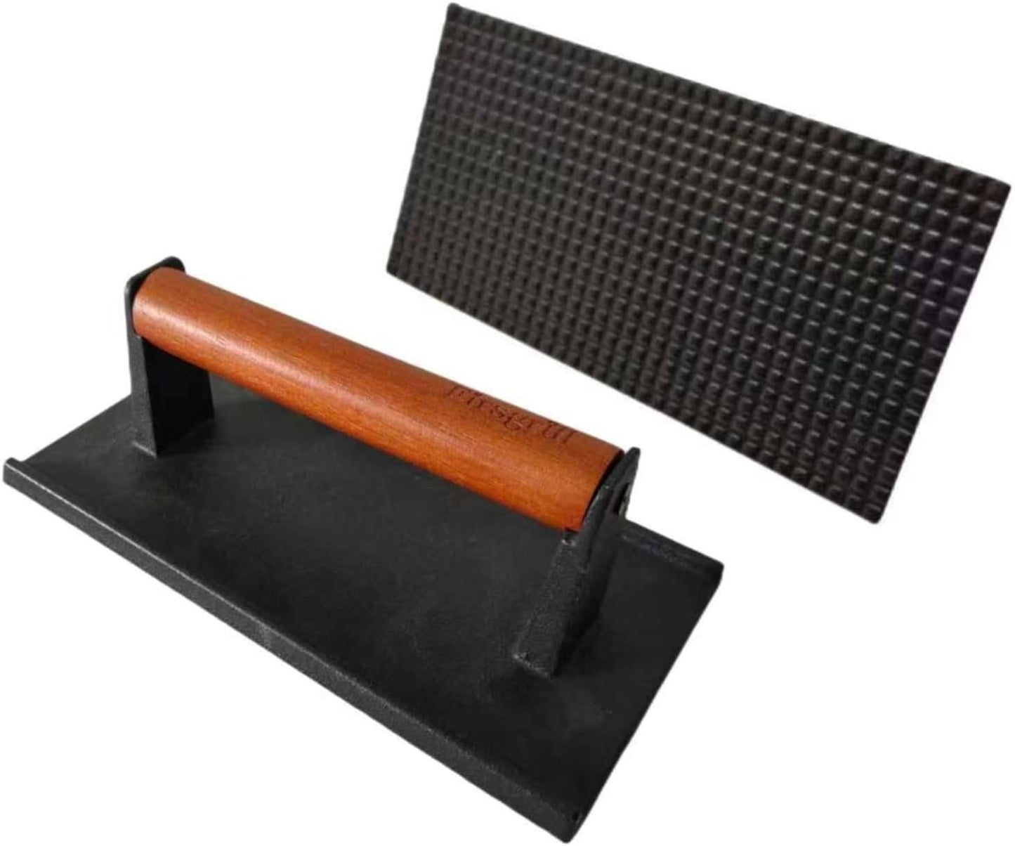 Firsgrill Burger Press 7.08" Round & 8.3”X4.3”Rectangle Heavy-Duty Cast Iron Smash Meat Steak with Wood Handle for Blackstone Camp Chef Pitboss Weber Treager Griddle (Round & Rectangle w Flat Bottom)