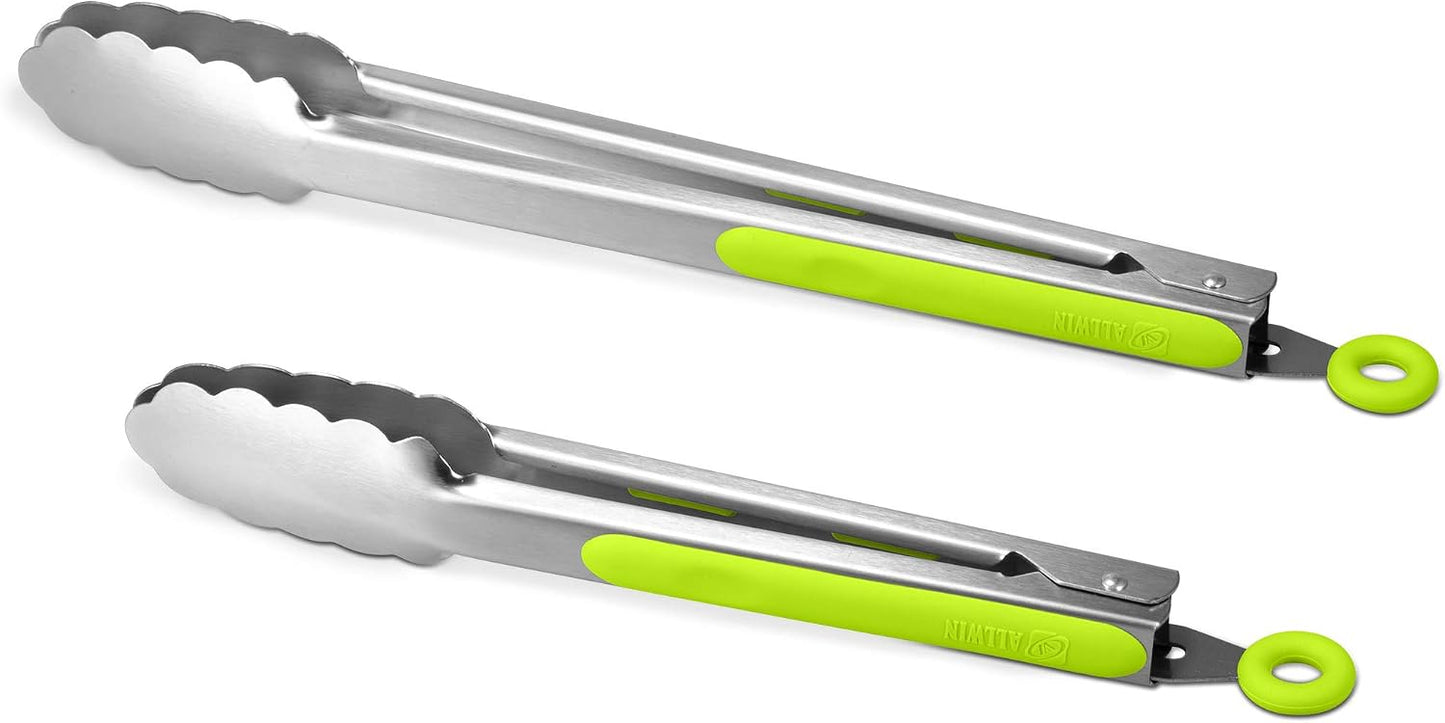 304 Stainless Steel Kitchen Cooking Tongs, 9" and 12" Set of 2 Sturdy Grilling Barbeque Brushed Locking Food Tongs with Ergonomic Grip, Black