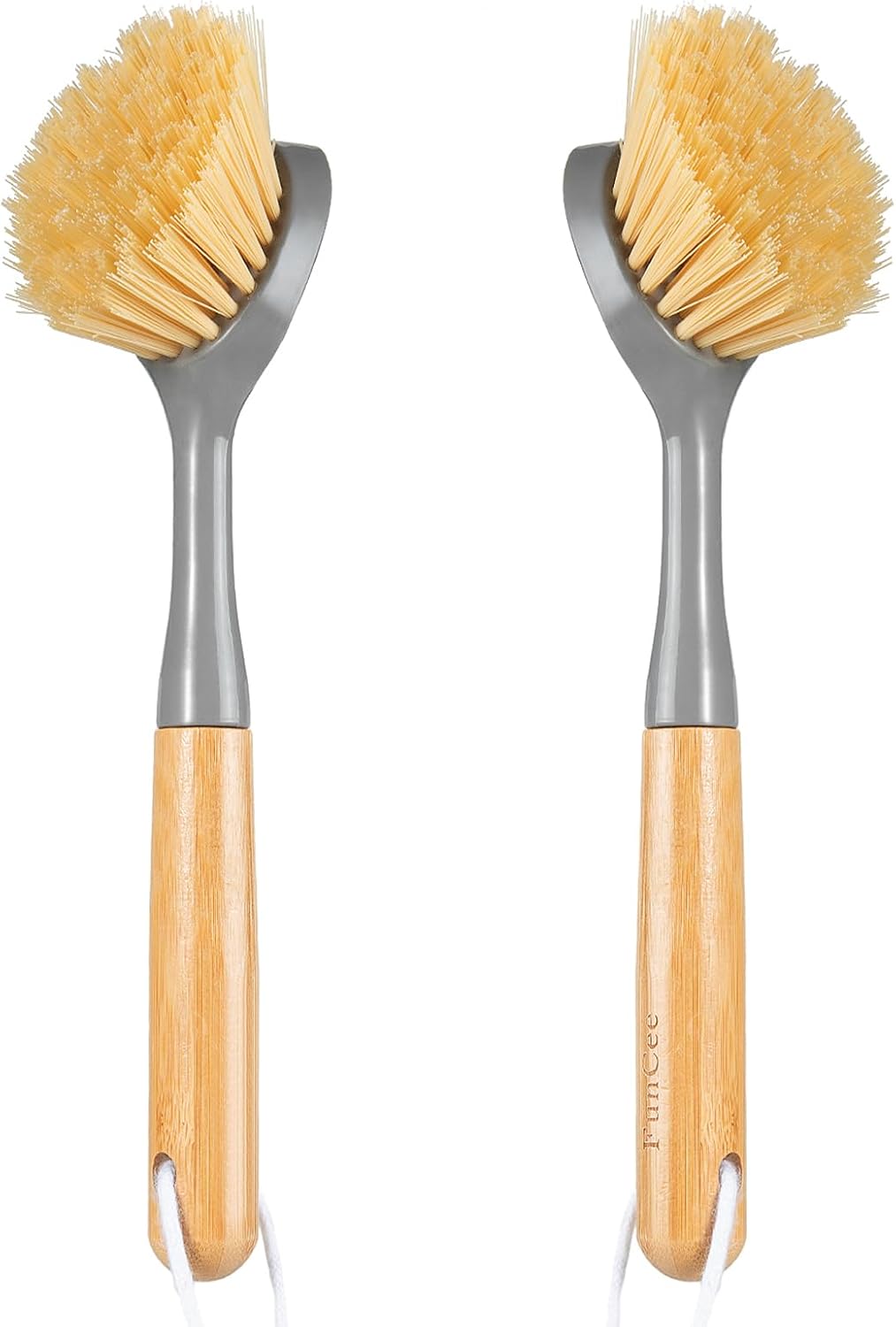 FunCee 2 Pack Kitchen Dish Brushes with Bamboo Handle, Dish Scrubber Built-in Scraper, Scrub Brush for Pans, Pots, Counter & Kitchen Sink Cleaning, Dishwashing and Cleaning Brush Tools, White