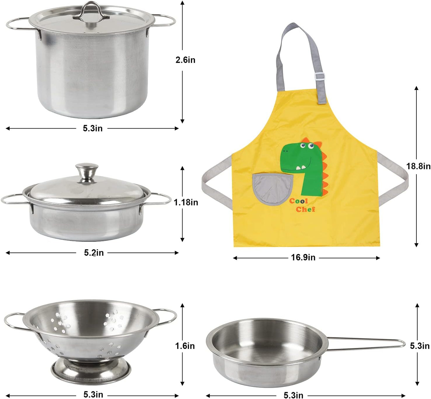 Sundaymot Play Kitchen Accessories, Wooden Play Food, Cooking Set with Stainless Steel Cookware Pots and Pans Utensils, Apron, Chef Hat, ​Cutting Food Kitchen Playset for Girls and Boys