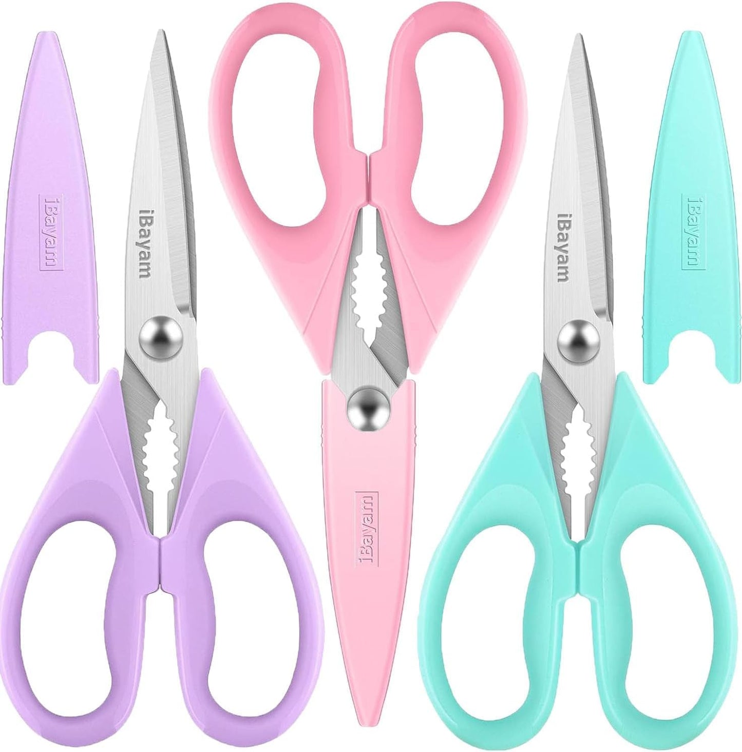 iBayam 3-Pack 8.7" Kitchen Scissors All Purpose Heavy Duty Shears w/Sheath | Soft Comfort Grip, Dishwasher Safe, Stainless Micro-Serrated Edge Blades, Cooking Poultry Herbs Meat Kitchen Utensils Gadgets