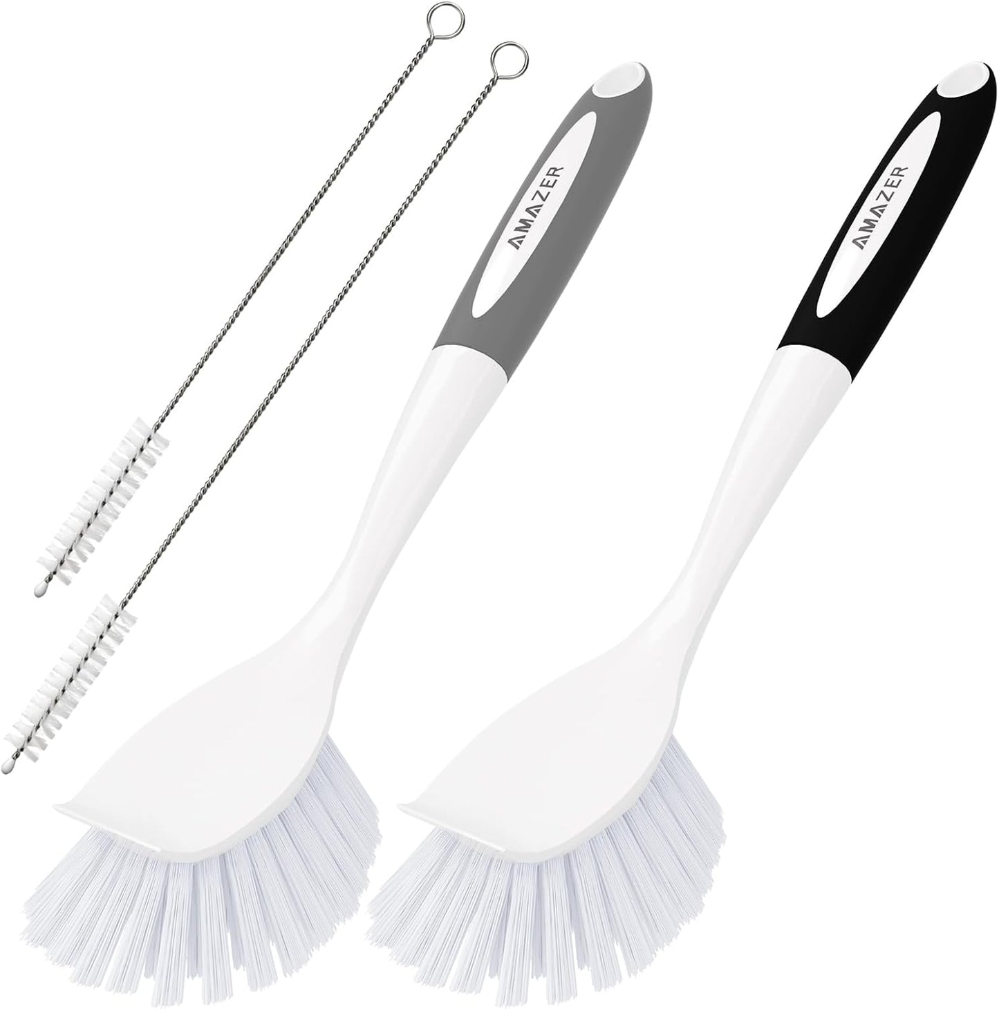 Amazer Dish Brush with Handle, 2 Pack Kitchen Scrub Brushes for Cleaning, Dish Scrubber with Stiff Bristles for Sink, Pots, Pans