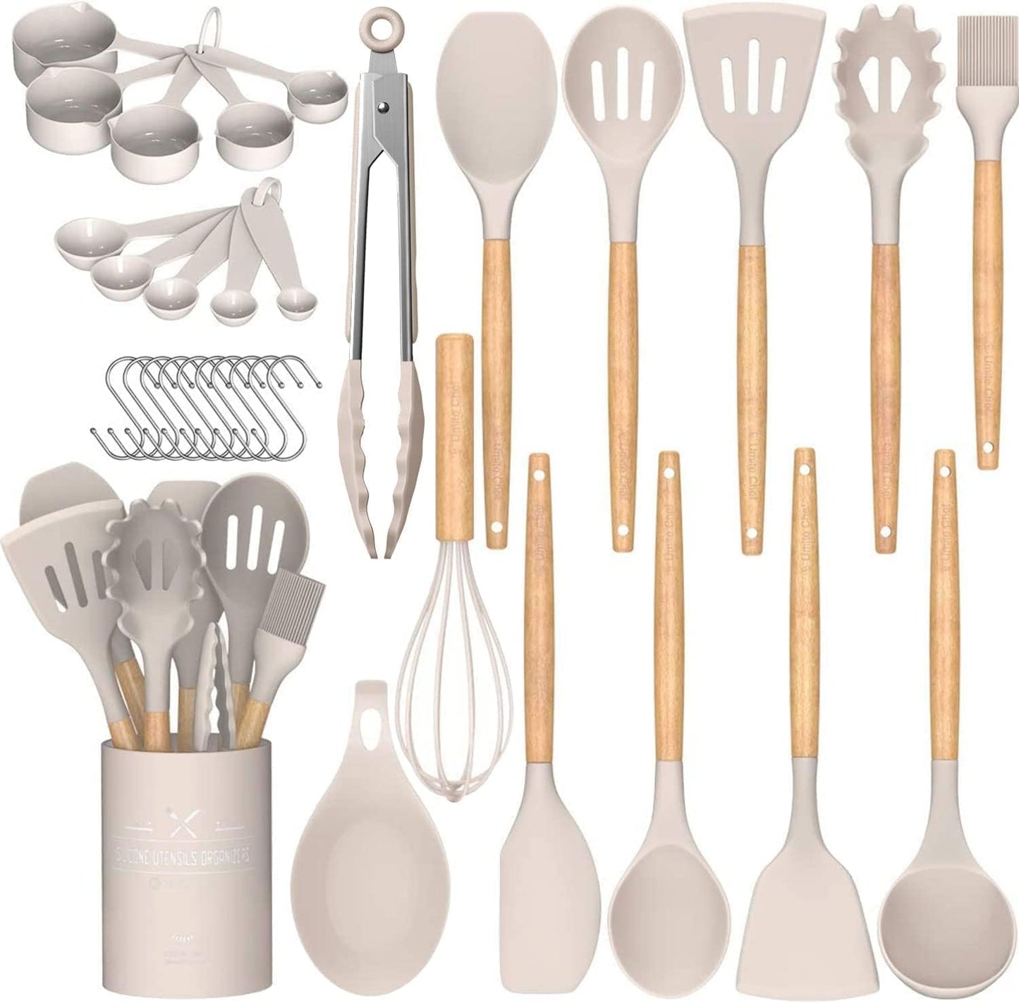 Umite Chef Kitchen Cooking Utensils Set, 33 pcs Non-Stick Silicone Cooking Kitchen Spatula Set with Holder, Wooden Handle Silicone Kitchen Gadgets Utensil Set (Black)