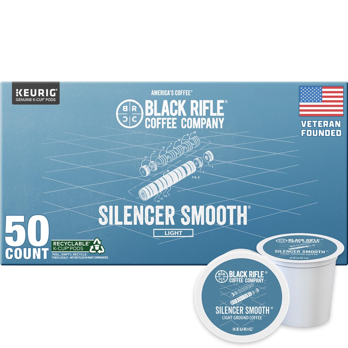 Black Rifle Coffee Company Silencer Smooth K Cups, 50 Count, Light Roast, Compatible with Keurig Machines