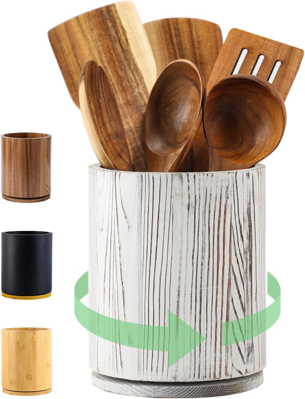 Acacia Wood Utensil Holder, 360° Rotating 7.3 in Kitchen Organizer | Rustic farmhouse countertop decor. Rotating base for easy access to spatulas, spoons, and cooking utensils. 7.3-inch capacity