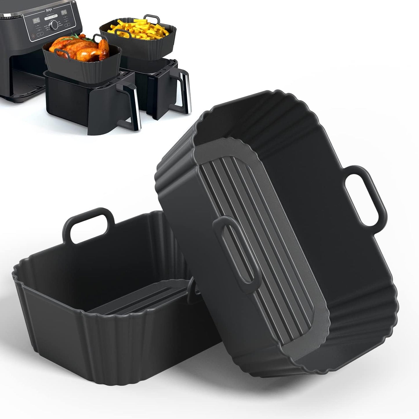 Silicone Air Fryer Liners 2 Pack, Reusable Liners Compatible for Ninja Foodi DZ201, DZ401, DZ550, COSORI, Chefman, Instant Air Fryer, and 6-in-1 8-10QT Air Fryer Baskets