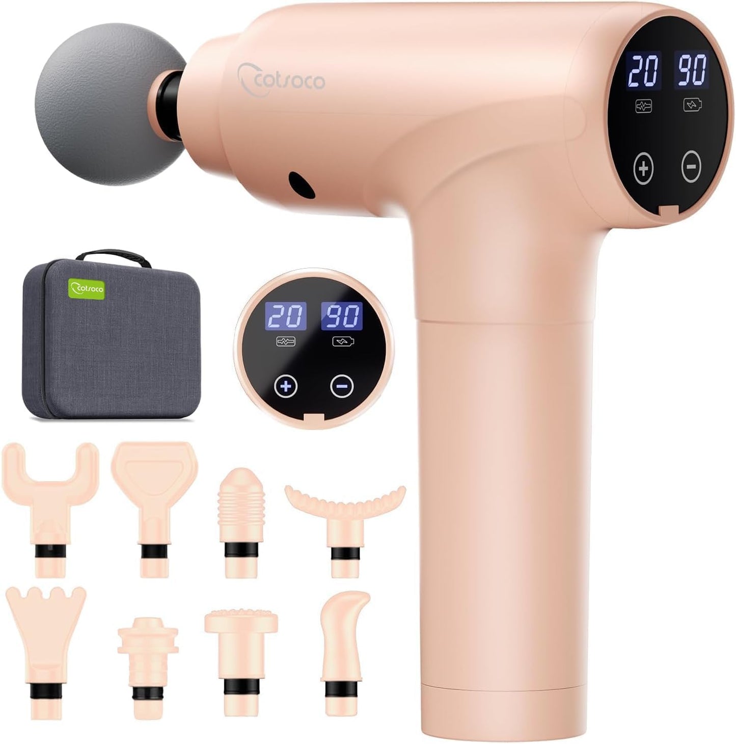 cotsoco deep tissue massage gun with 9 attachment heads and 20 speeds