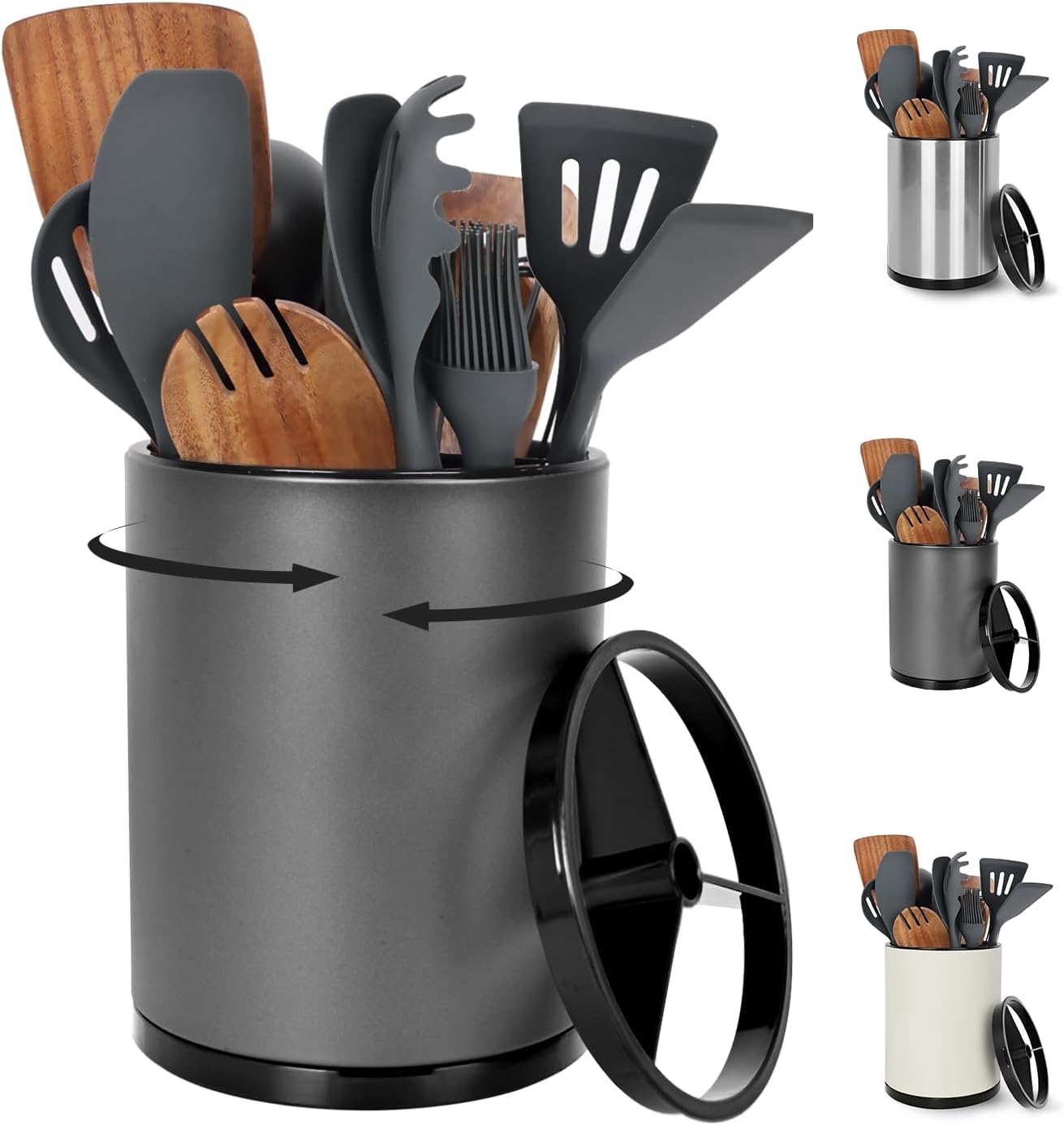 Nigelia Extra Large Kitchen Utensil Holder, 360° Rotating Stainless Steel Cooking Utensil Holder for Countertop, 3 Compartment Flatware Organizer & Cooking Caddy with Removable Base（Silvery）