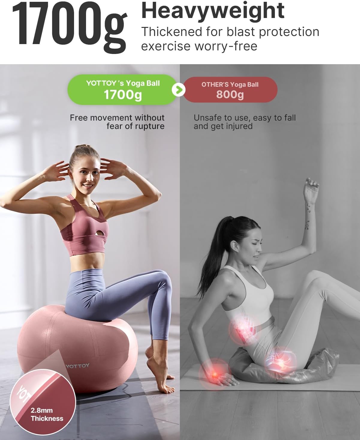 YOTTOY Anti-Burst Exercise Ball, 2000lb Capacity, Thick Workout Ball