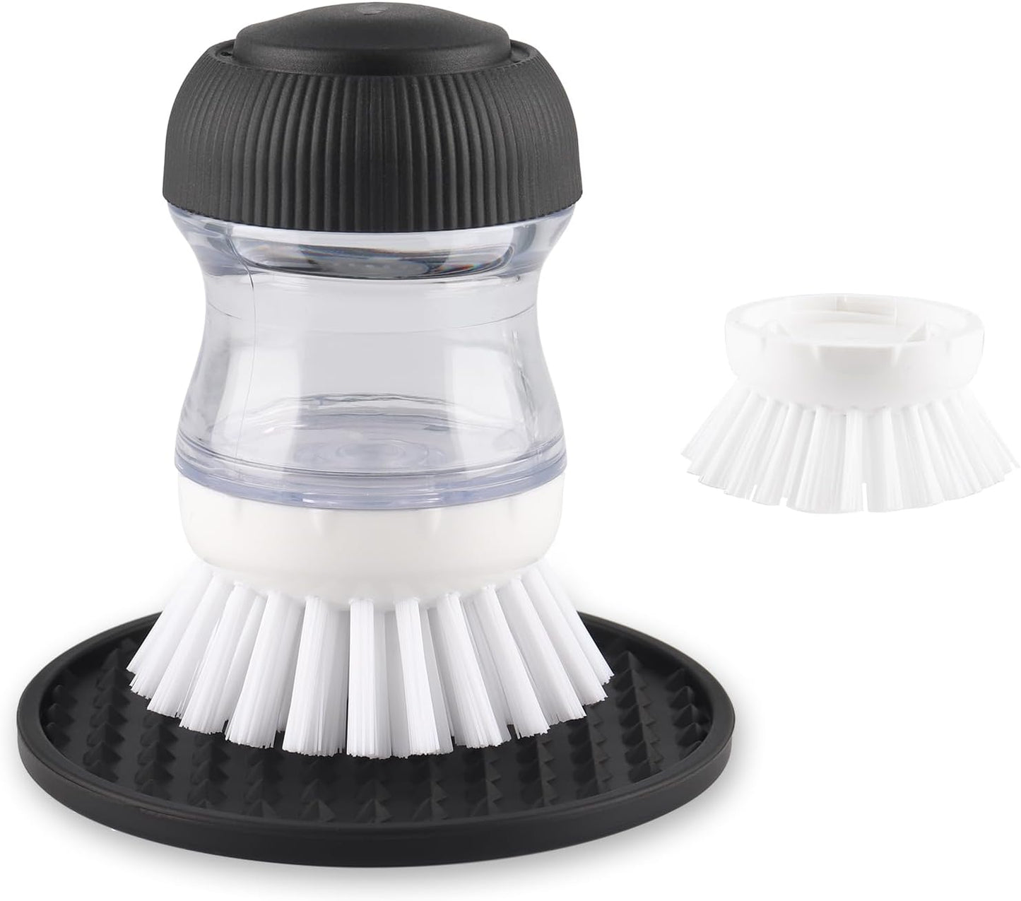 OYV Soap Dispensing Palm Brush, Dish Brush Set with Silicone Drip Tray and One Refill, Kitchen Dish Scrub Brush for Cleaning Pots, Pans, Sinks