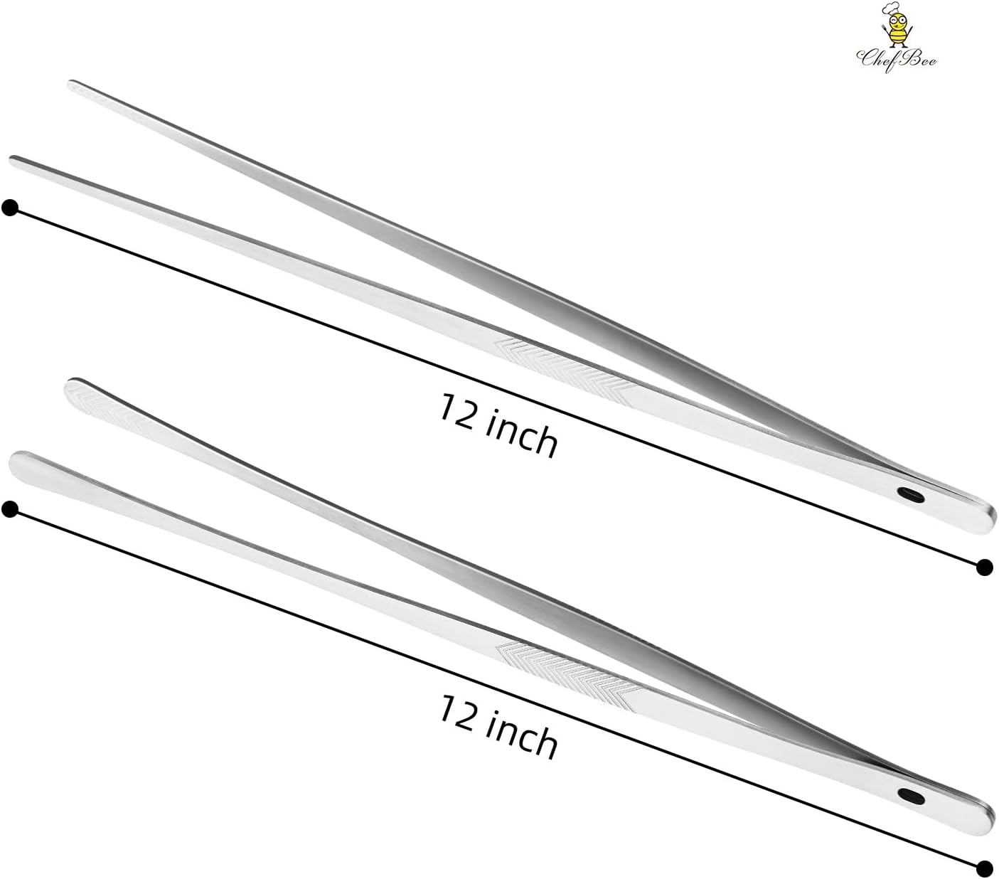 ChefBee 2PCS 12" Stainless Steel Kitchen Tongs Tweezers with Serrated Tips | Precision Grip, Chef Grade, Sturdy Kitchen Utensils, For Serving Food Pasta Salad, Suitable for Grill BBQ Culinary Use