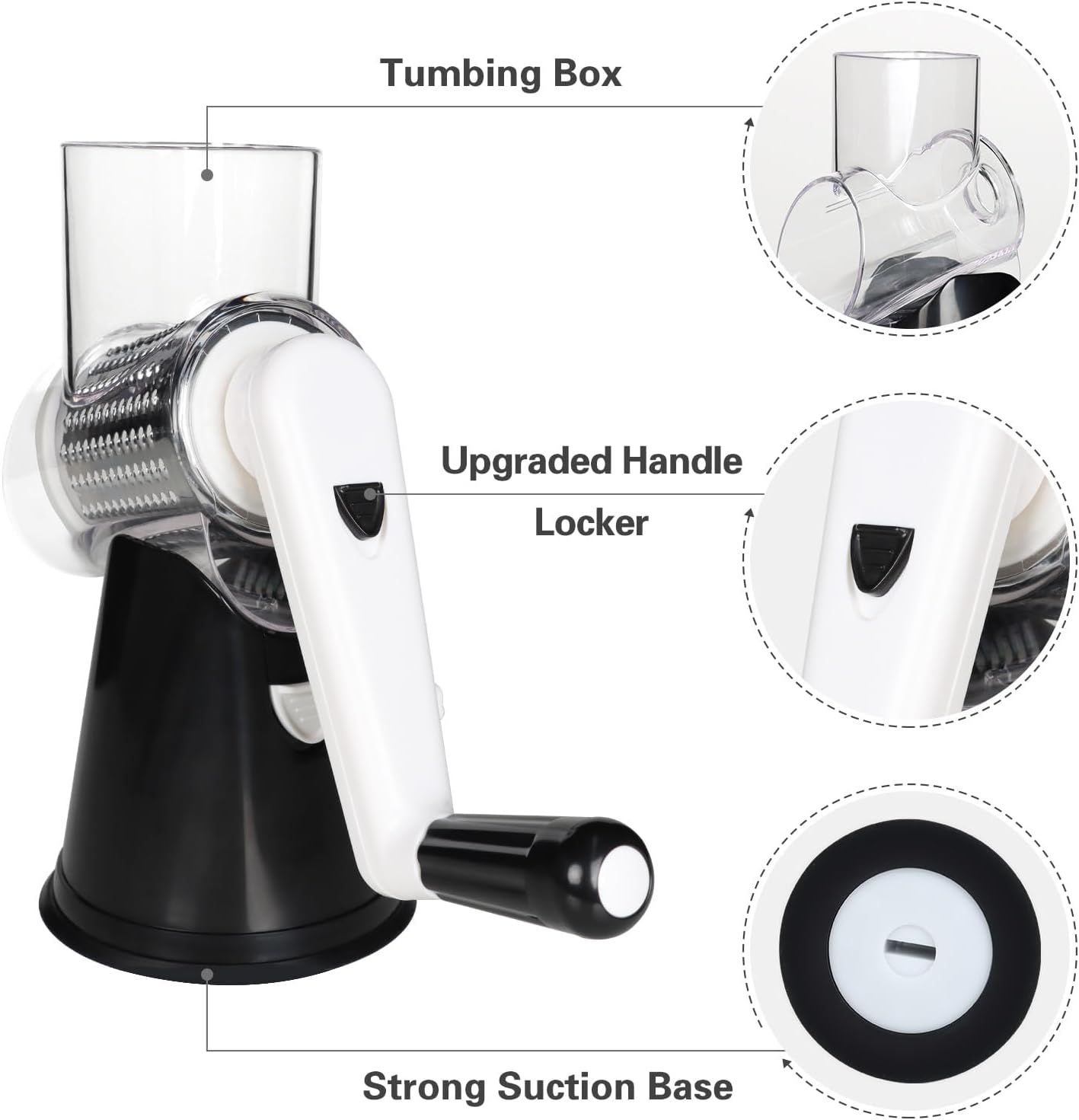 Cambom Rotary Cheese Grater Hand Crank Cheese Shredder, Black | for Fresh Cheese, Vegetable, Nuts,Non-slip Suction Base, Three Blades