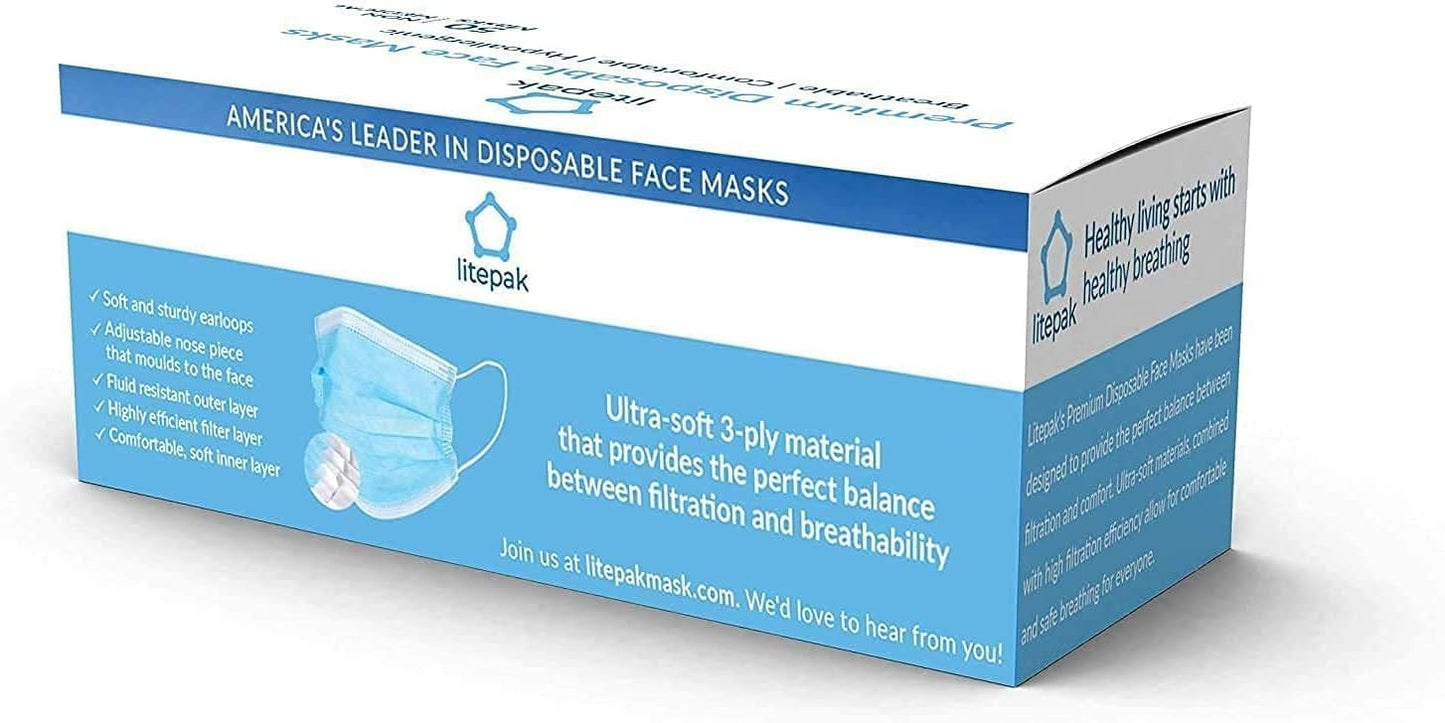 Litepak 2000pcs 3-Ply Black Disposable Face Masks Adult Size