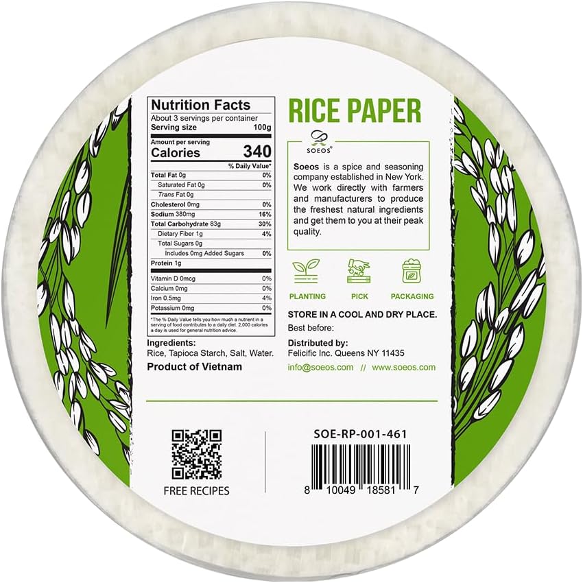 White Rice Paper Wrappers, 34 Sheets, Non-GMO, Gluten-Free, Low Carb, Vietnamese Rice Wraps