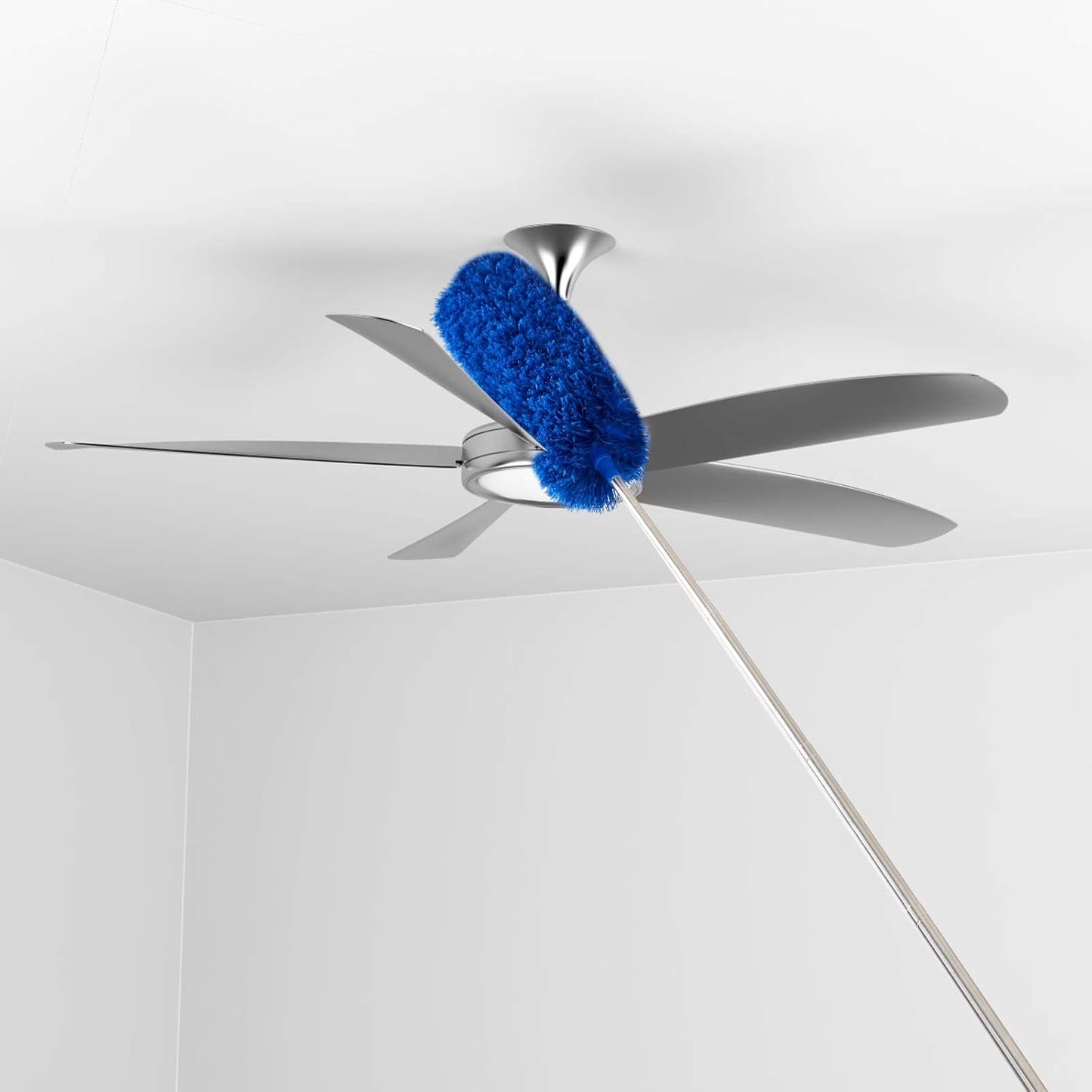 Cobweb Duster with Extension Pole, Washable Cleaning Duster Kit with 2 Duster Heads, Cobweb Duster, Corner Brush, Aluminum Telescoping Pole for Ceiling Fan (Blue)