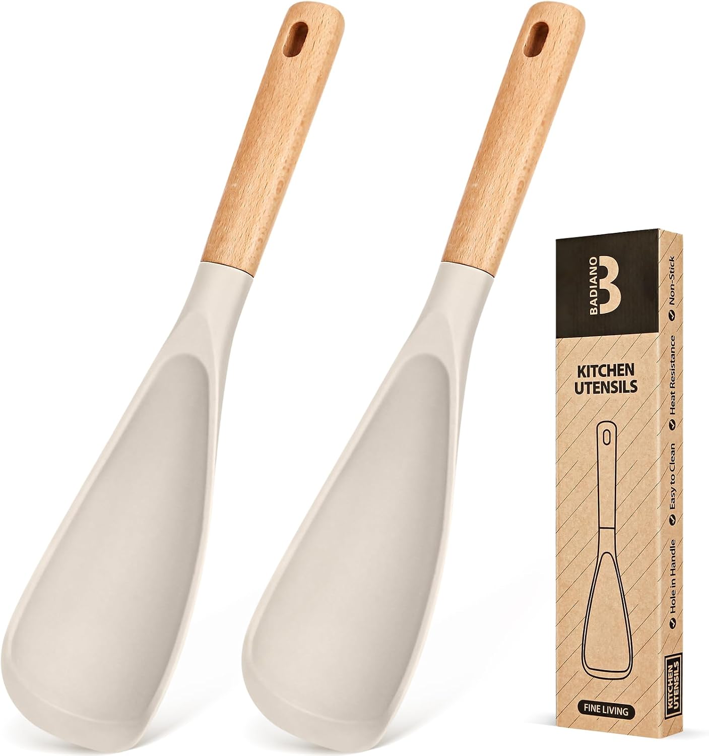 Cooking Spoon for Nonstick Cookwares, Great for Cooking and Serving Sturdy BPA-Free Matte Silicone, Wood Handle Spoon for Mixing, Scoop, and Scrape (Black & Grey, 11.4 inch)