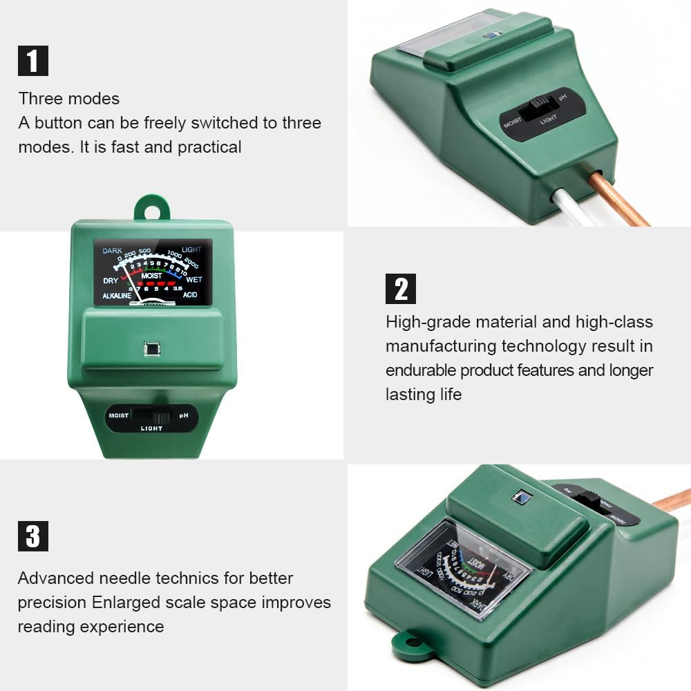Soil pH Meter, MS02 3-in-1 Soil Moisture/Light/pH Tester Gardening Tool Kits for Plant Care, Great for Garden, Lawn, Farm, Indoor & Outdoor Use (Green)