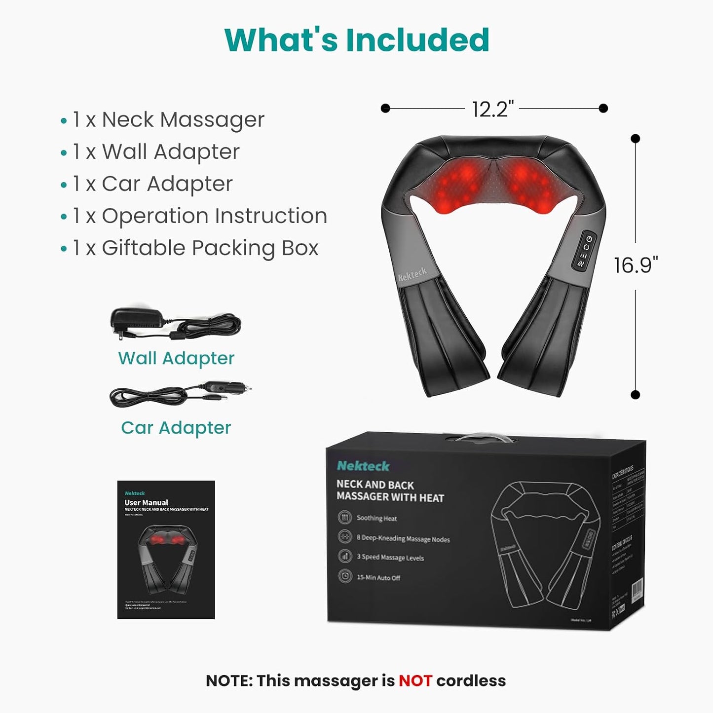 Nekteck Shiatsu Neck Massager with Heat for Pain Relief, 2026 Upgraded 3D Back Shoulder Kneading Massage Pillow, Black