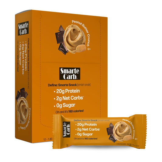 NuGo Smarte Carb protein bars with 20g protein, 0g sugar, 2g net carbs, 160 calories, brown sugar free peanut butter crunch, 12 count