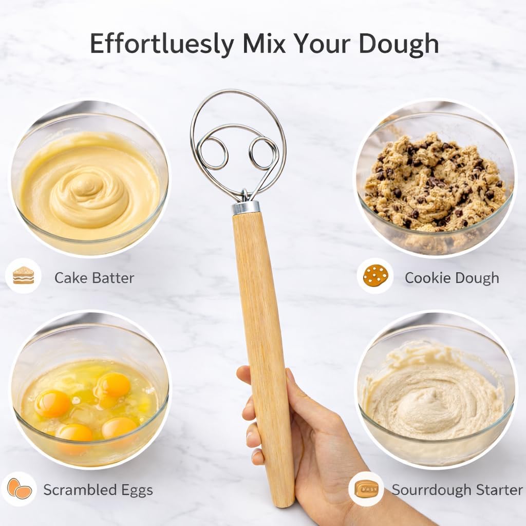 2Pcs Danish Dough Whisk & Bread Lame for Sourdough Bread – Wooden Handle Dough Whisk Mixer and Bread Scoring Tool, Artisan Sourdough Baking Tools & Bread Baking Supplies
