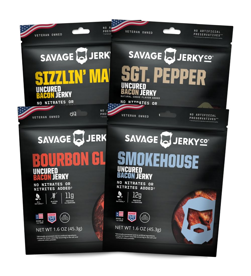 Savage Bacon Jerky Variety Pack, 4 Count, Gluten Free, High Protein, Low Calorie