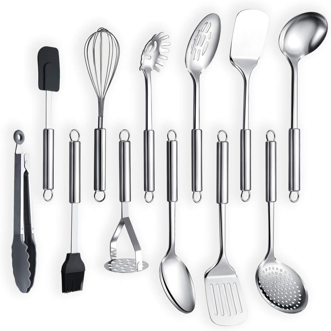 Berglander Cooking Utensil Set 8 Piece, Stainless Steel Kitchen Tool Set with Stand,Cooking Utensils, Slotted Tuner, Ladle, Skimmer, Serving Spoon, Pasta Server,Potato Maseher, Egg Whisk. （8 Pieces）