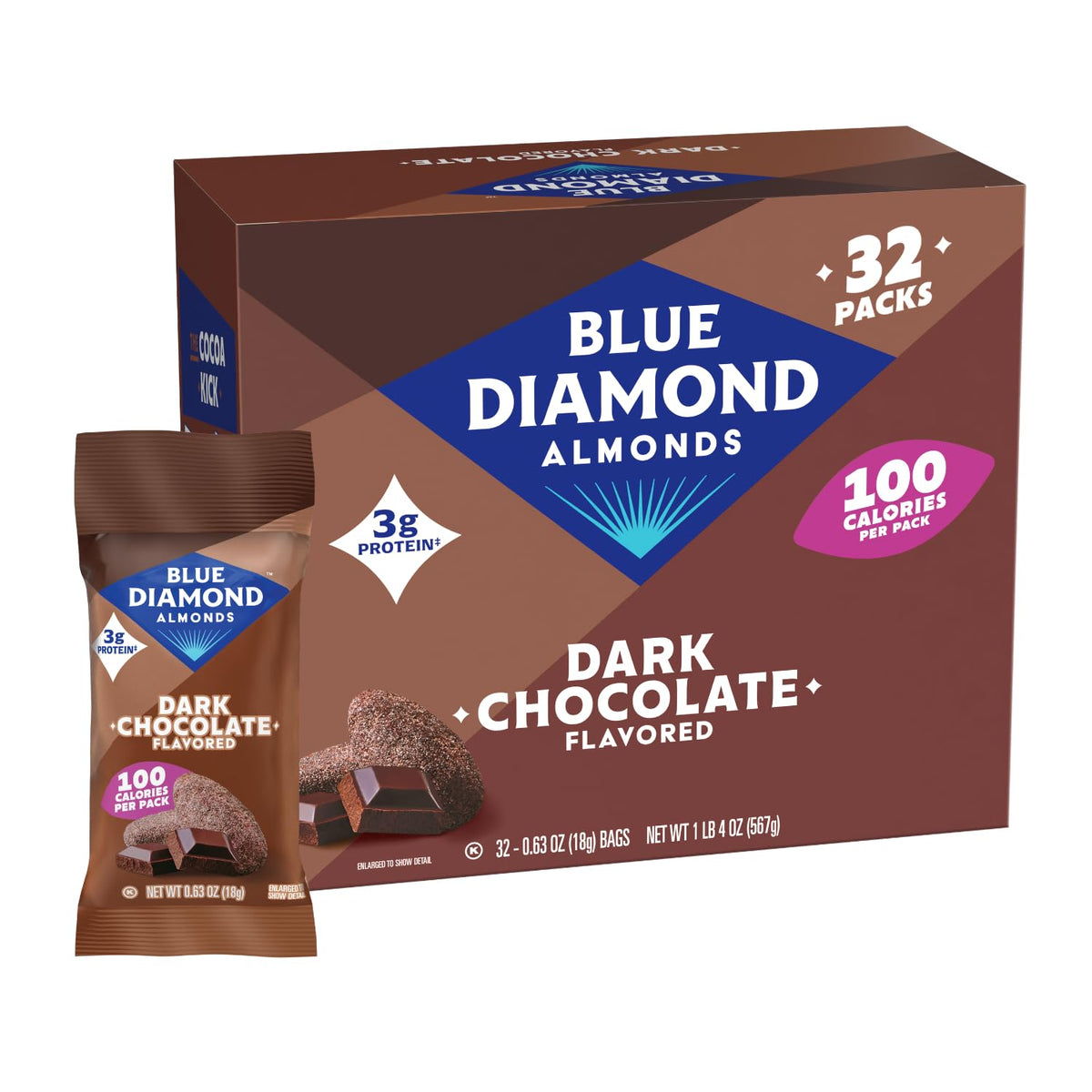 Blue Diamond Almonds Dark Chocolate Cocoa Dusted Snack Nuts, 100 Calorie Packs, 32 Count