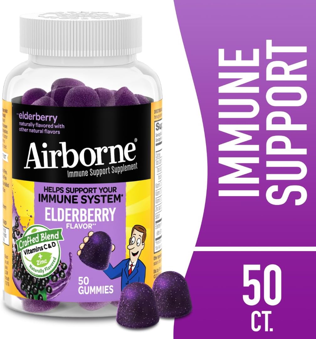 Airborne Elderberry + Zinc & Vitamin C Gummies For Adults, Immune Support Vitamin D & Zinc Gummies With Powerful Antioxidant Vitamins C D & E - 50 Gummies, Elderberry Flavor