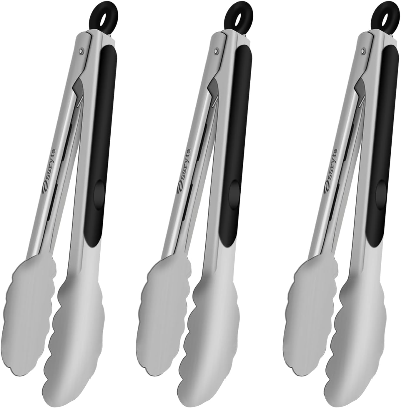 Stainless Steel Cooking Tongs Set of 3 - Heavy Duty 12/9/7 Inch Locking Tongs, Heat Resistant to 600 Degrees, Food Grade Kitchen Metal Tong for Food, Salad, & BBQ - Dishwasher Safe