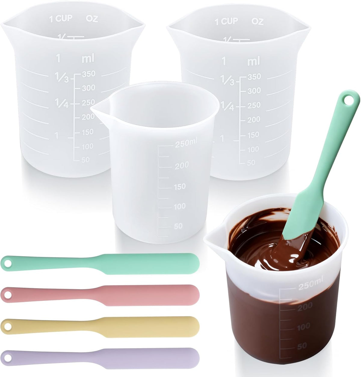 Palksky Silicone Chocolate Melting Cup Set with 4 Silicone Measuring Cups (250ml & 350ml) and 4PCS Heat-Resistant Jar Spatulas, Non-Stick Baking Tools for DIY Chocolate, Butter & Cream Mixing