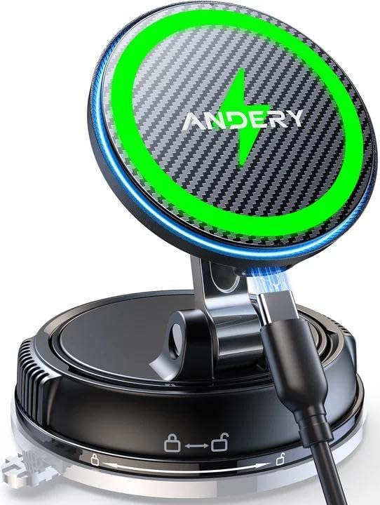 ANDERY Only for iPhone Magsafe Car Mount Charger [15W Wireless Faster Charging, 78+LBS Strongest Suction, 2400gf Strongest Magnetic] 360° Adjustable Car Phone Holder, Phone Holders for Your Car