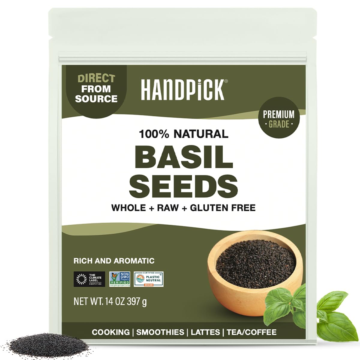 HANDPICK Holy Basil Seeds (397g/14oz) | 2x More Fiber than Chia | Edible Basil Seeds, Gluten free, Raw Sabja, Tukmaria Seeds | Prebiotic | Packed in Resealable Zip Lock Pouch (Packaging may vary)