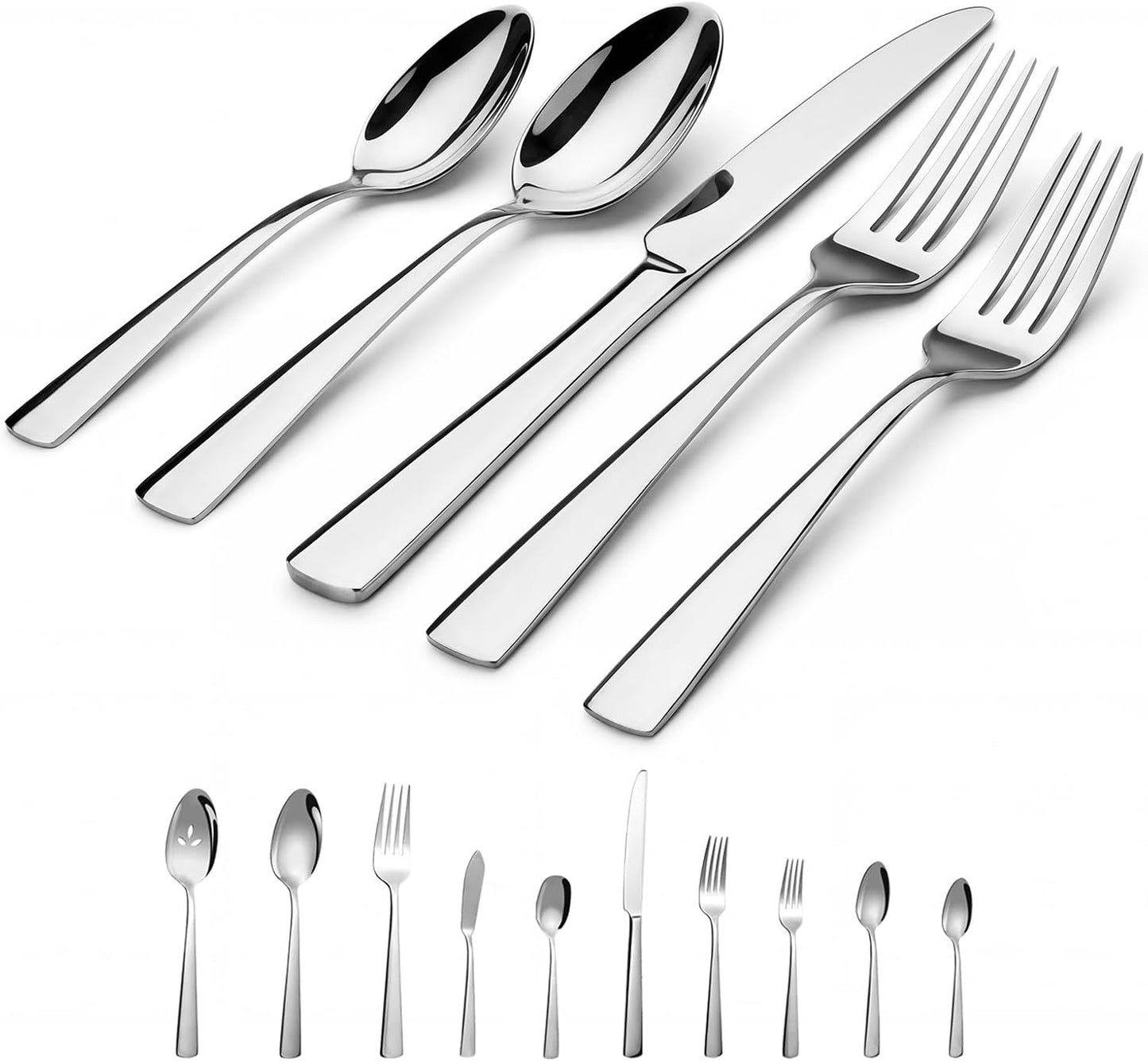 45-Piece Stainless Steel Silverware Set for 8, Dishwasher Safe | For Home, Restaurant & Travel, Heavy-Duty 45pc Set, Includes 8 Steak Knives, Mirror-Polished & Rust-Proof, Ergonomic Design