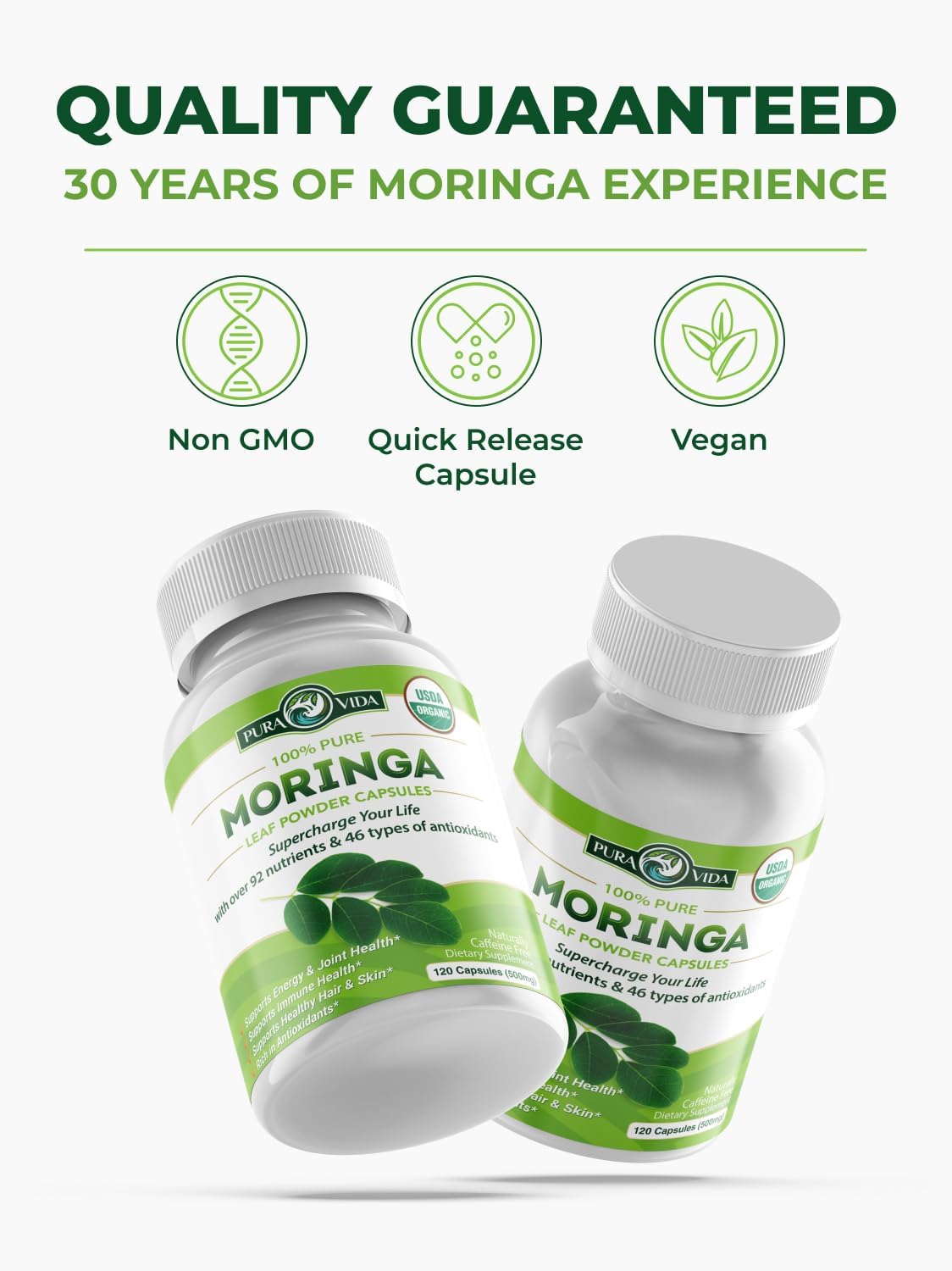 PURA VIDA MORINGA Organic Moringa Capsules, Pure Moringa Leaf Powder Single Origin for Energy, Metabolism & Immune Support, 120ct, 500mg Caps