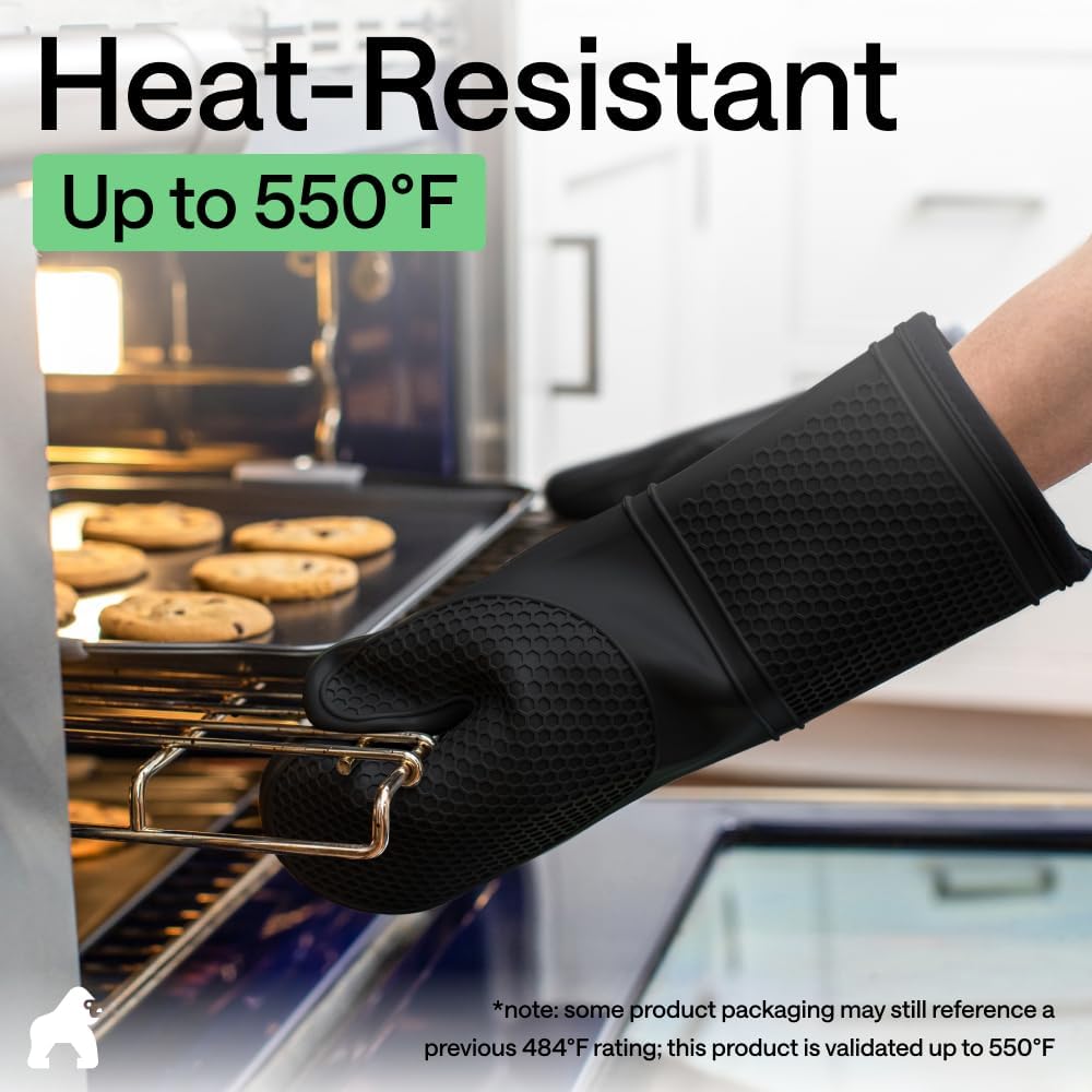 GORILLA GRIP BPA-Free Soft Silicone Oven Mitts, 550F Heat Resistant Waterproof Cooking Safety Gloves, Thick Cotton Lining, Flexible Gripping for BBQ Grilling, Kitchen Potholders Set, 12.5x8.3, Black